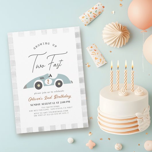 Invitation Deux Fast Blue Race Car Boy 2e anniversaire