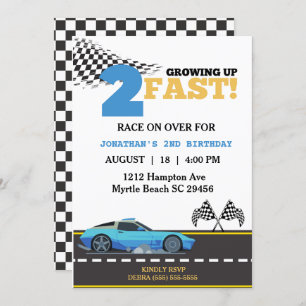 Invitation Deux Fast Blue Race Car Boy 2e fête d'anniversaire