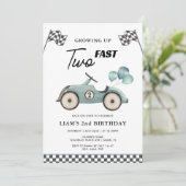 Invitation DEUX Fast Blue Race Car Boys 2e anniversaire (Debout devant)