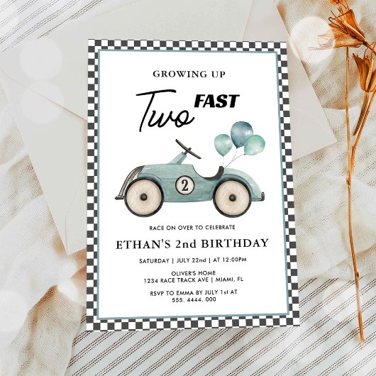 Invitation DEUX Fast Blue Race Car Boys 2e anniversaire