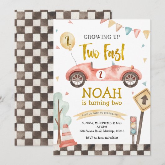 Invitation Deux Fast Boy Deuxième Anniversaire Retro Racing C (Devant / Derrière)