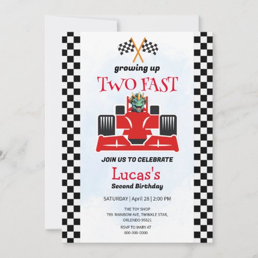 Invitation Deux Fast Dinosaur Race Car 2e fête d'anniversaire (Devant)