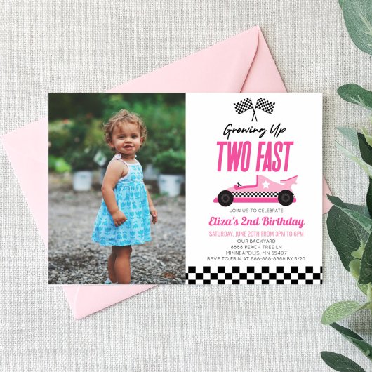 Invitation Deux Fast Pink Race Car 2e fête d'anniversaire