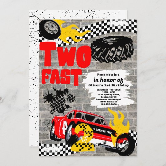 Invitation Deux Fast Race Car Boy 2e fête d'anniversaire (Devant / Derrière)