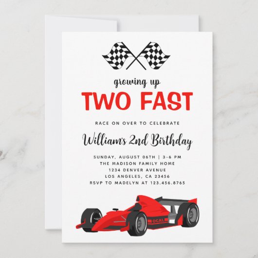 Invitation Deux Fast Race Car Boy 2e fête d'anniversaire (Devant)