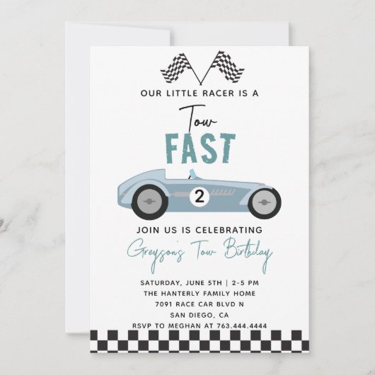 Invitation Deux Fast Race Car Boy 2e fête d'anniversaire (Devant)