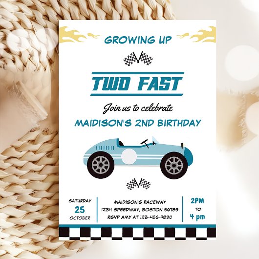 Invitation Deux Fast Race Car Boy 2e fête d'anniversaire