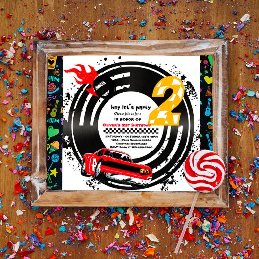 Invitation Deux Fast Race Car Boy 2e fête d'anniversaire