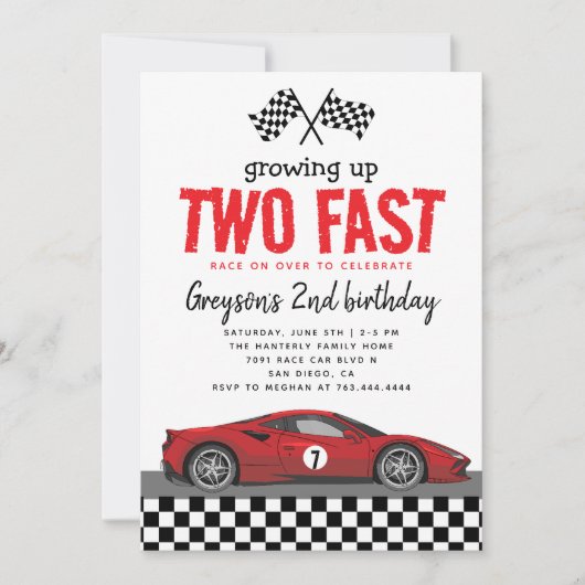 Invitation Deux Fast Race Car Boy 2e fête d'anniversaire (Devant)