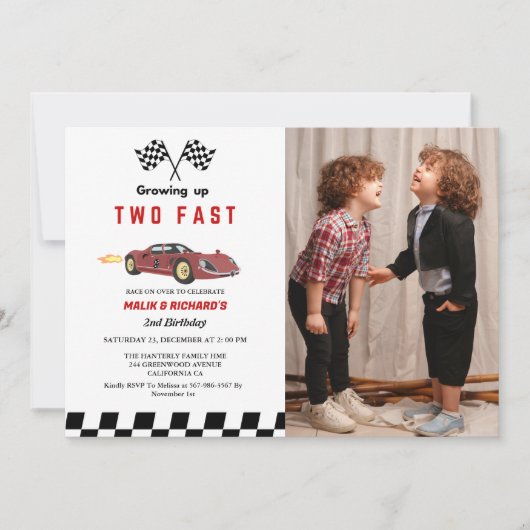 Invitation Deux Fast Race Car Boy 2e fête d'anniversaire conj (Devant)