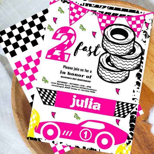 Invitation Deux Fast Race Car filles 2e Anniversaire fête ros