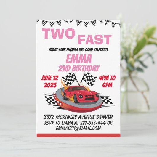 Invitation Deux Fast Race Car Girl 2e fête d'anniversaire (Debout devant)