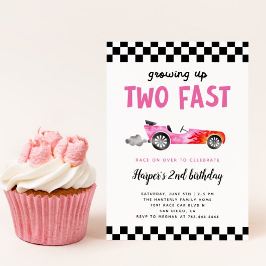 Invitation Deux Fast Race Car Girl 2e fête d'anniversaire