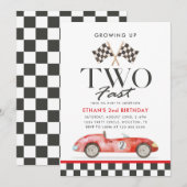Invitation DEUX Fast Race rouge voiture 2e anniversaire garço (Devant / Derrière)