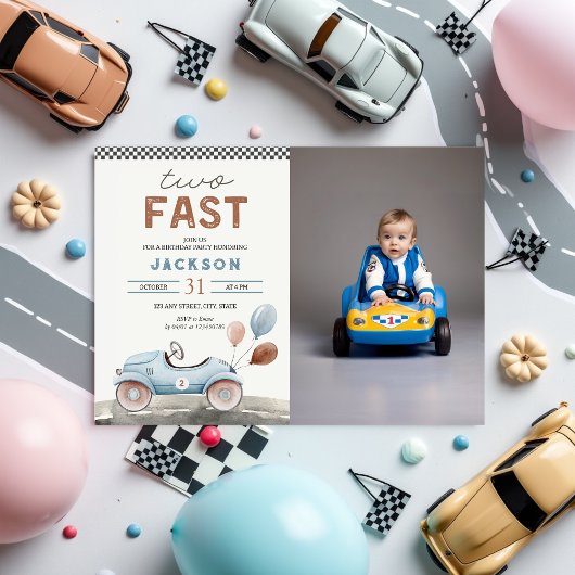 Invitation DEUX Fast Racing Car Blue Boy 2e Anniversaire Phot