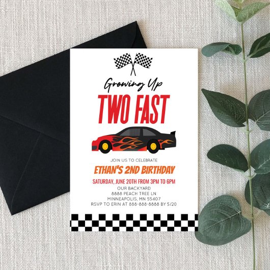 Invitation Deux Fast Red Flame Race Car 2e fête d'anniversair