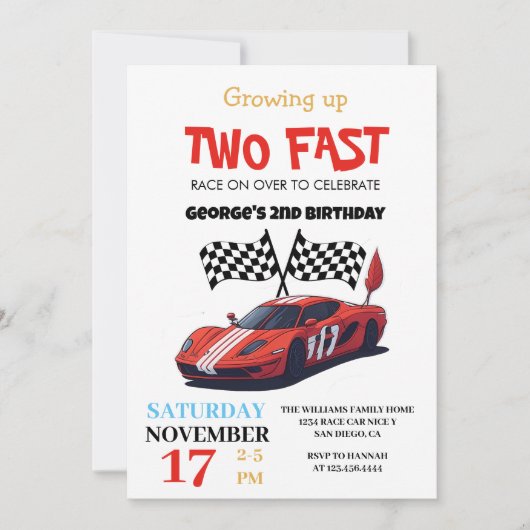 Invitation Deux Fast Red Race Car 2e fête d'anniversaire Blan (Devant)
