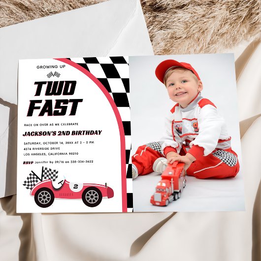 Invitation Deux Fast Red Race Car Anniversaire Photo