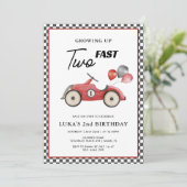 Invitation DEUX Fast Red Race Car Boys 2e anniversaire (Debout devant)