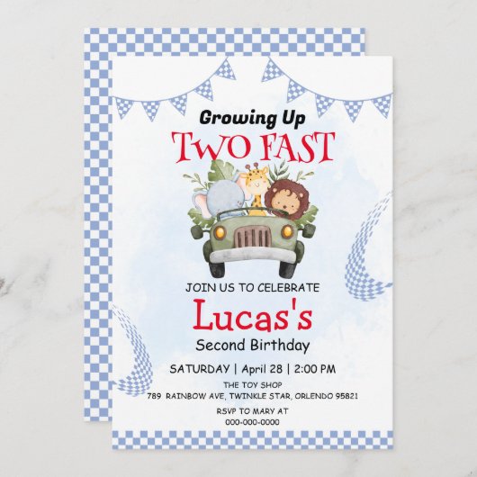 Invitation Deux Fast wild jungle voiture de course 2e fête d' (Devant / Derrière)