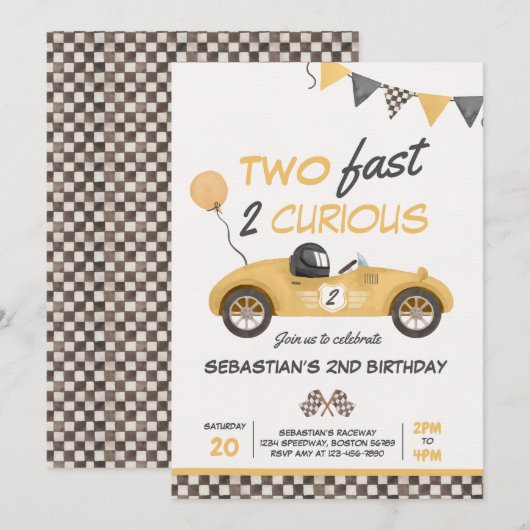 Invitation Deux Fast Yellow Race Car 2e fête d'anniversaire (Devant / Derrière)