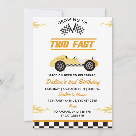 Invitation Deux Fast Yellow Race Car Boy 2e fête d'anniversai (Devant)