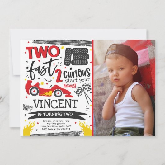 Invitation Deux fête d'anniversaire rapide Red Race Car 2e an (Devant)