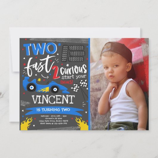 Invitation Deux fête d'anniversaire rapide Red Race Car 2e an (Devant)