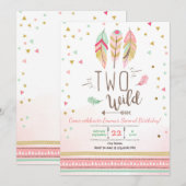 Invitation Deux Fille d'Anniversaire Rose Or 2ème Plumes de B (Devant / Derrière)
