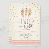 Invitation Deux Fille d'Anniversaire Rose Or 2ème Plumes de B (Devant / Derrière)