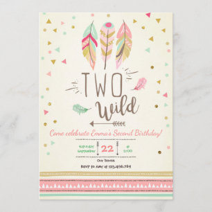 Invitation Deux Fille d'Anniversaire Rose Or 2ème Plumes de B