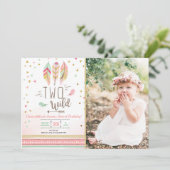 Invitation Deux Fille d'Anniversaire Rose Or 2ème Plumes de B (Debout devant)