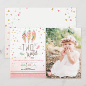Invitation Deux Fille d'Anniversaire Rose Or 2ème Plumes de B (Devant / Derrière)