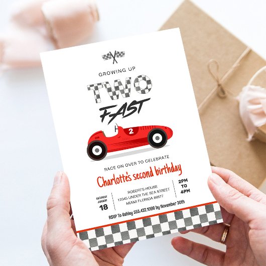 Invitation Deux Fille Rapide Voiture de Course Rouge Annivers