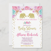 Invitation Deux filles baby shower éléphants or rose (Devant)