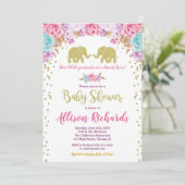 Invitation Deux filles baby shower éléphants or rose (Debout devant)