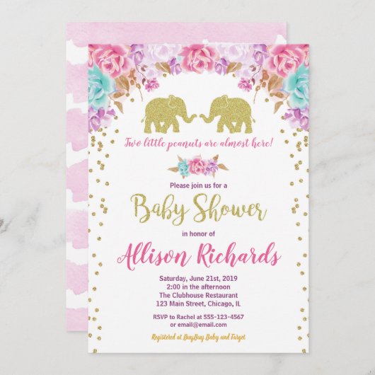 Invitation Deux filles baby shower éléphants or rose (Devant / Derrière)