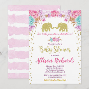 Invitation Deux filles baby shower éléphants or rose