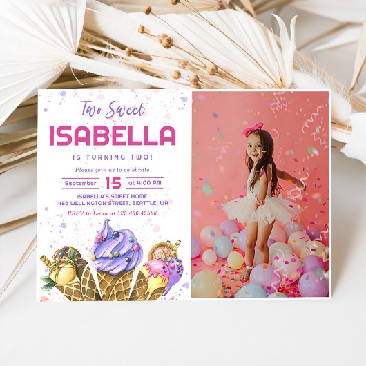 Invitation Deux filles douces Crème glacée 2ème anniversaire 