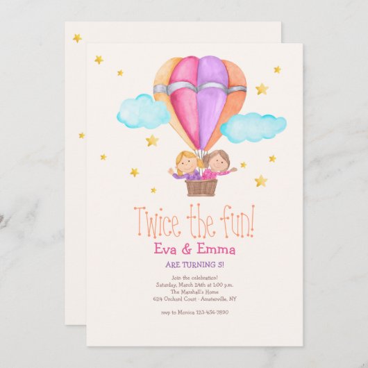 Invitation Deux Filles En Ballon À Air Chaud Anniversaire (Devant / Derrière)