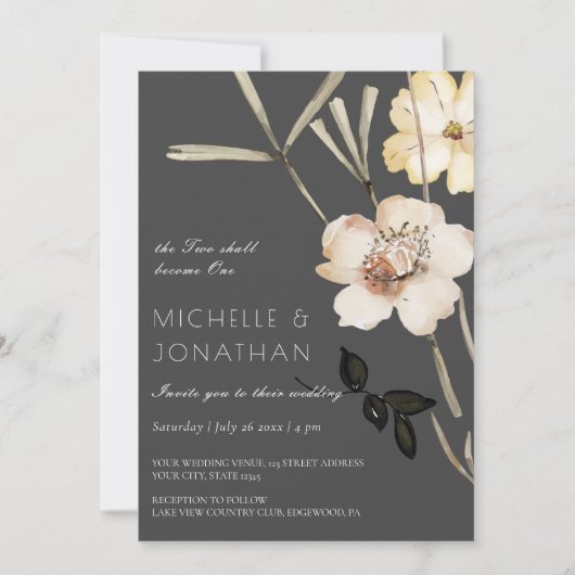 Invitation Deux fleurs blanches sur gris Mariage chrétien mod (Devant)