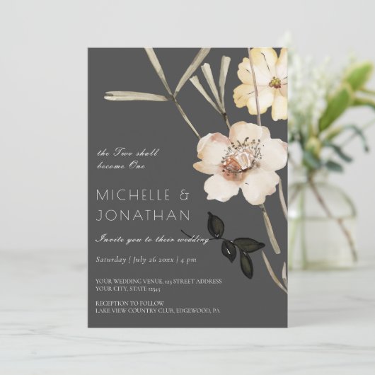 Invitation Deux fleurs blanches sur gris Mariage chrétien mod (Debout devant)