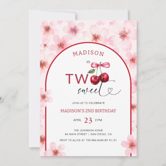 Invitation Deux fleurs de cerise rose douce 2e anniversaire (Devant)