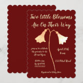 Invitation Deux fleurs Red Gold Flower Twins Baby shower (Devant / Derrière)