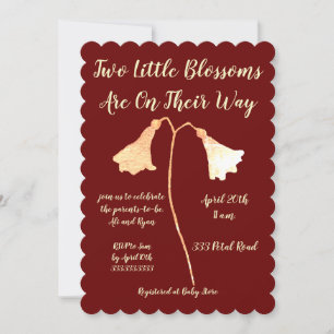 Invitation Deux fleurs Red Gold Flower Twins Baby shower