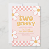 Invitation Deux Fleurs Rétro Rose à Motif Damier Groovy (Devant)