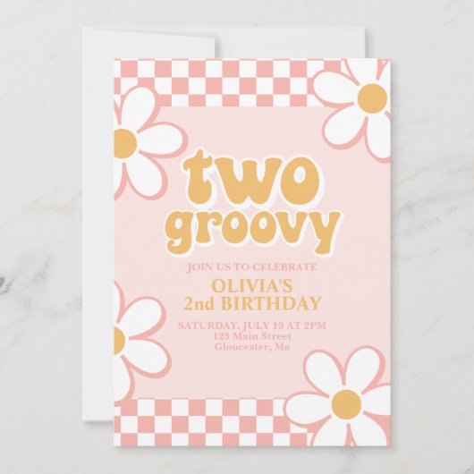 Invitation Deux Fleurs Rétro Rose à Motif Damier Groovy (Devant)
