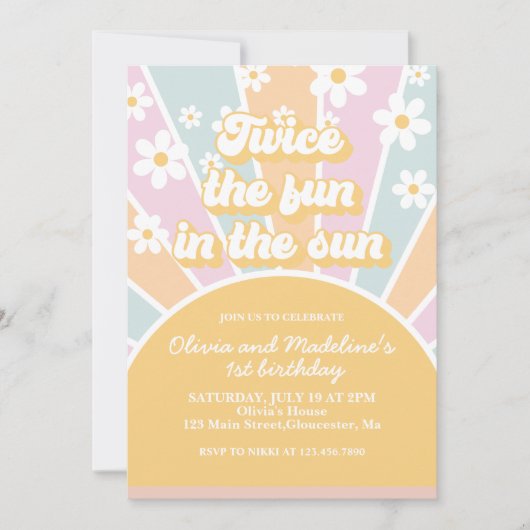Invitation Deux fois le plaisir au soleil boho pastel anniver (Devant)