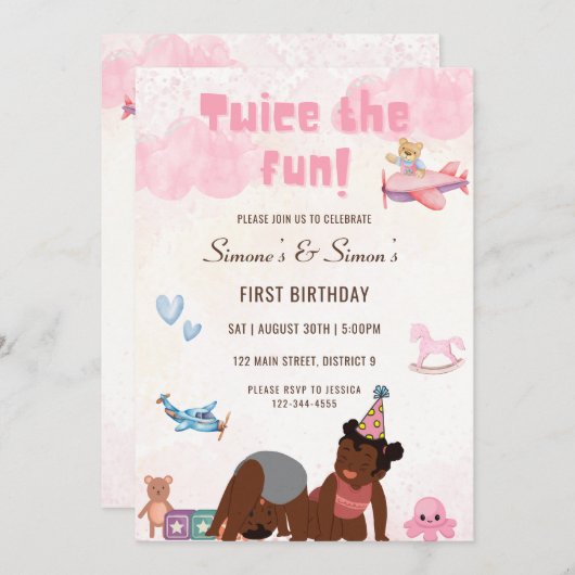 Invitation Deux fois L'Invitation Fun Twin Anniversaire (Devant / Derrière)