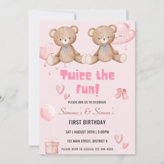 Invitation Deux fois L'Invitation Fun Twin Anniversaire (Devant)